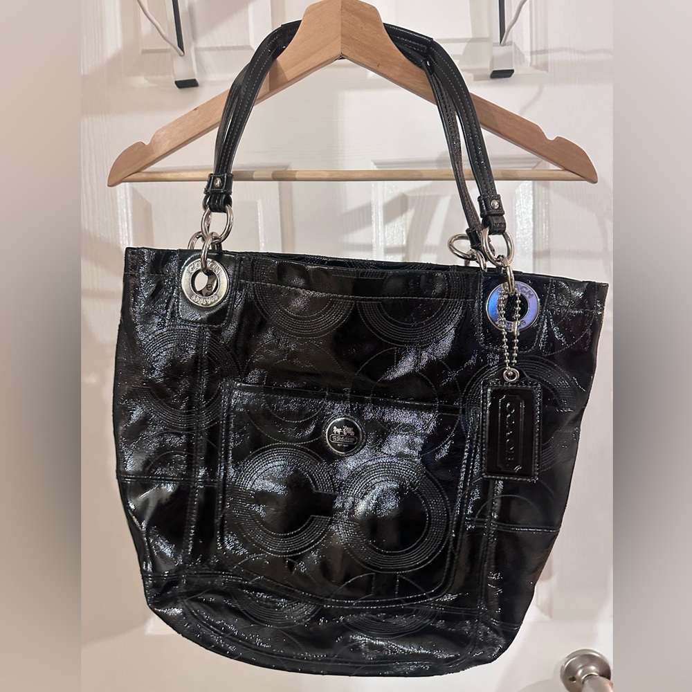 Coach Black Patent Leather Signature Tote Shiny